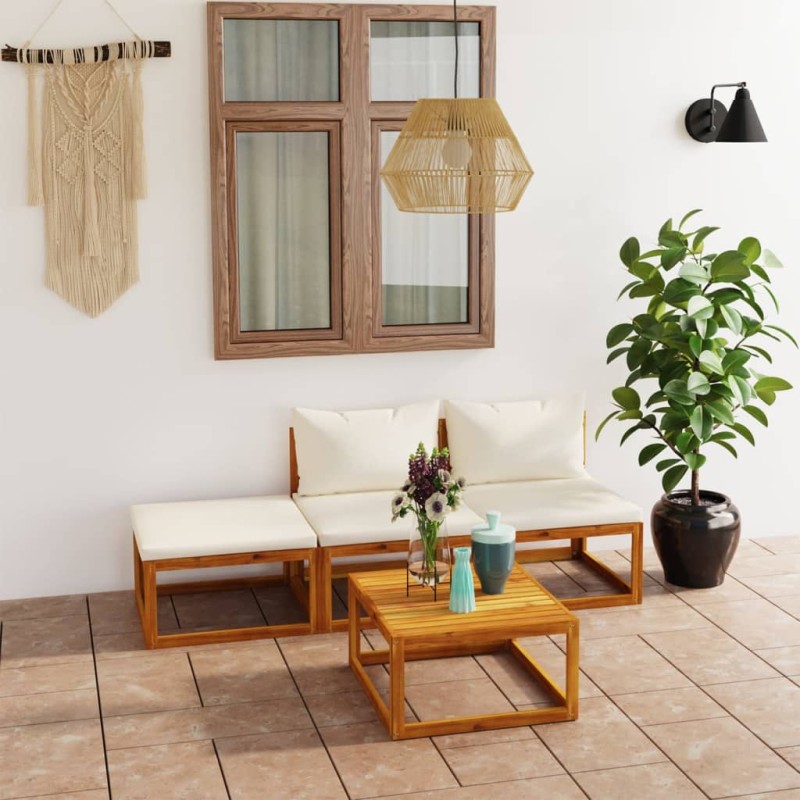 4 pcs conjunto lounge jardim c/ almofadões acácia maciça creme-Conjuntos de jardim-Home Retail