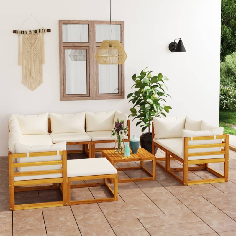 10 pcs conjunto lounge jardim c/ almofadões acácia maciça creme-Conjuntos de jardim-Home Retail