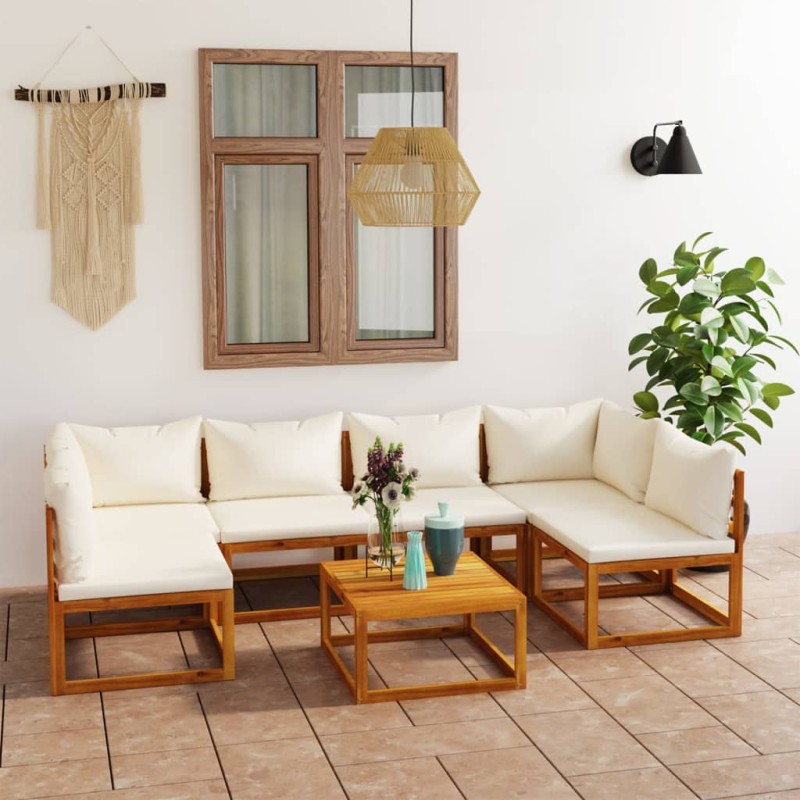 7 pcs conjunto lounge jardim c/ almofadões acácia maciça creme-Conjuntos de jardim-Home Retail