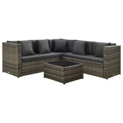 4 pcs conjunto lounge de jardim c/ almofadões vime PE cinzento