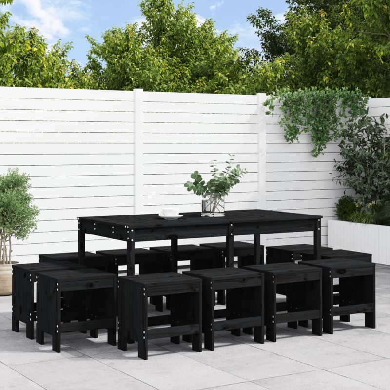 13 pcs conjunto de jantar para jardim pinho maciço preto-Conjuntos de jardim-Home Retail