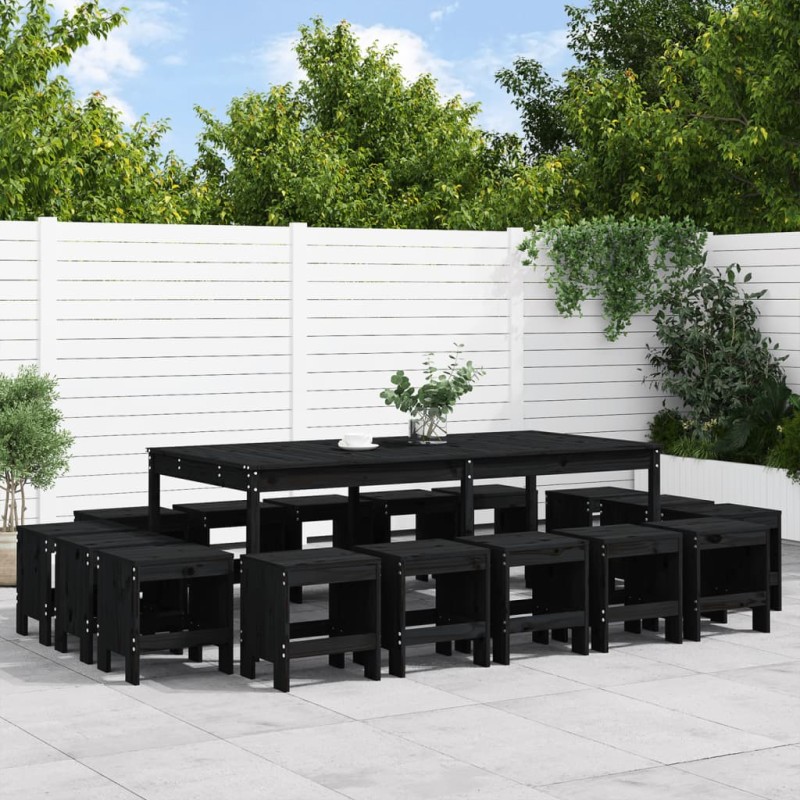 17 pcs conjunto de jantar para jardim pinho maciço preto-Conjuntos de jardim-Home Retail