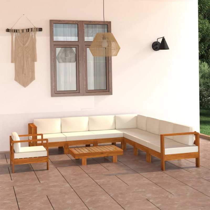 9 pcs conj. lounge de jardim c/ almofadões branco nata acácia-Conjuntos de jardim-Home Retail