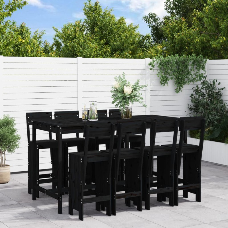 9 pcs conjunto de bar para jardim pinho maciço preto-Conjuntos de jardim-Home Retail