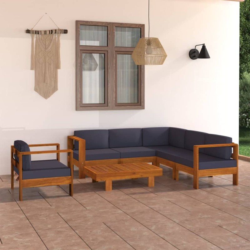 7 pcs conj. lounge de jardim c/ almofadões cinza-escuro acácia-Conjuntos de jardim-Home Retail