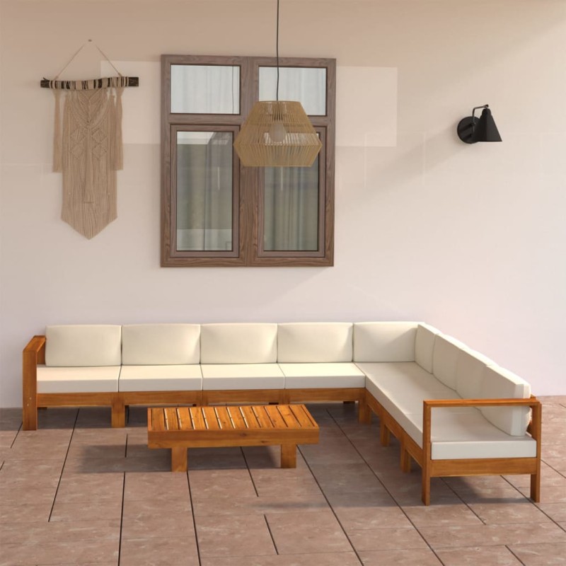 9 pcs conj. lounge de jardim c/ almofadões branco nata acácia-Conjuntos de jardim-Home Retail