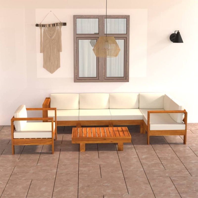 7 pcs conj. lounge de jardim c/ almofadões branco nata acácia-Conjuntos de jardim-Home Retail