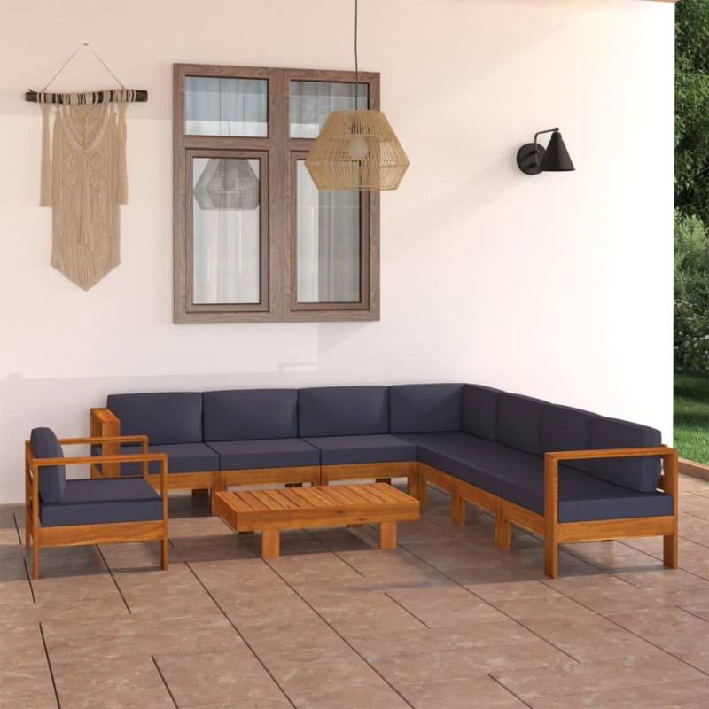 9 pcs conj. lounge de jardim c/ almofadões cinza-escuro acácia-Conjuntos de jardim-Home Retail