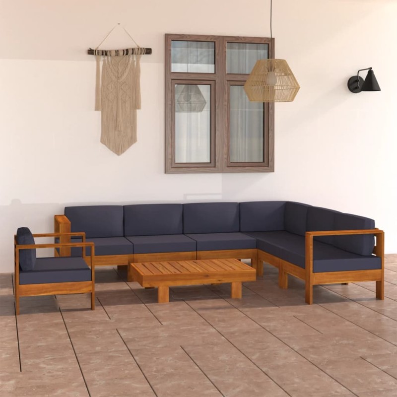 8 pcs conj. lounge de jardim c/ almofadões cinza-escuro acácia-Conjuntos de jardim-Home Retail