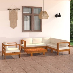 7 pcs conj. lounge de jardim c/ almofadões branco nata acácia