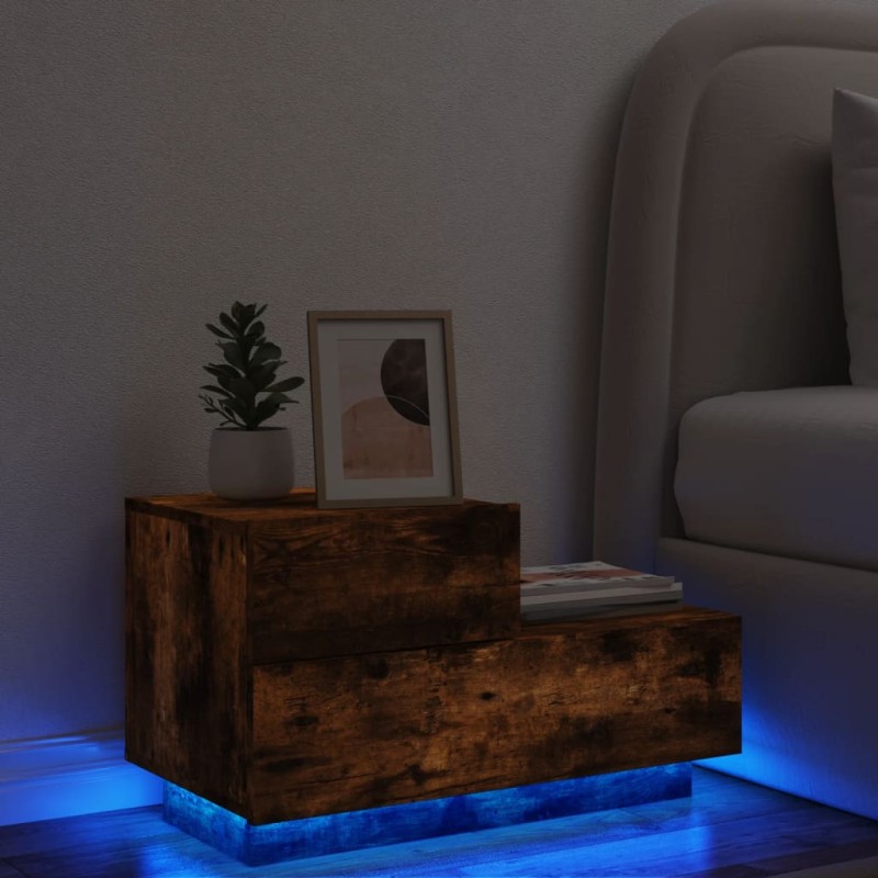 Mesa de cabeceira com luzes LED 70x36x40,5 cm carvalho fumado-Mesas-de-cabeceira-Home Retail