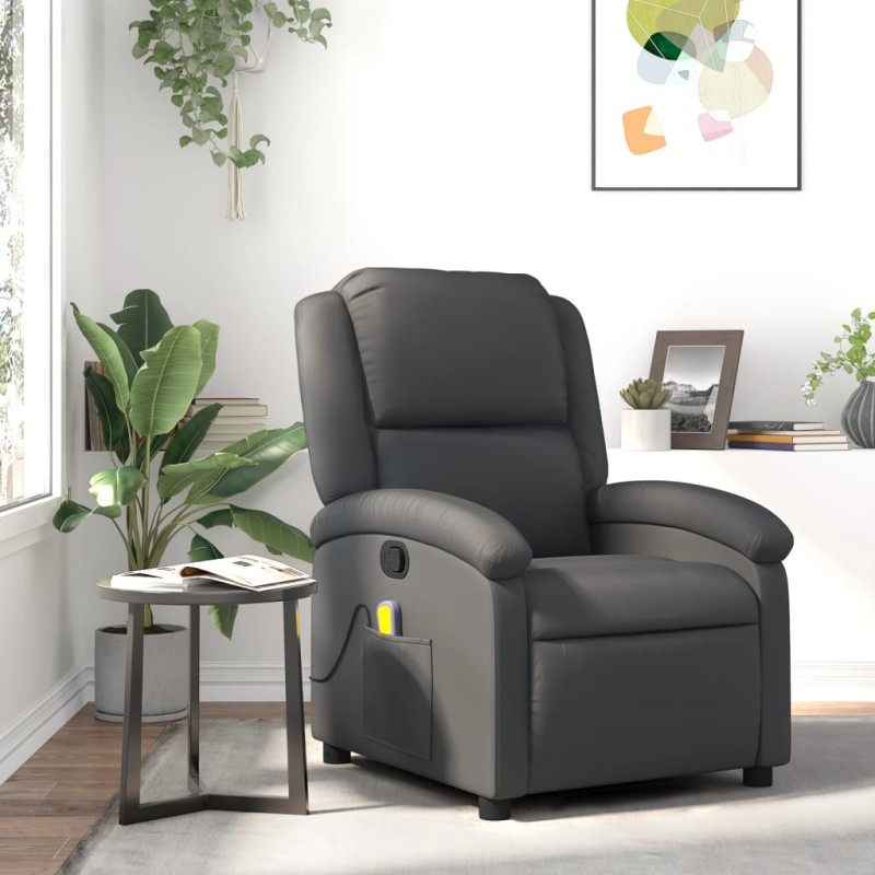 Poltrona de massagens reclinável couro genuíno cinzento-Poltronas-Home Retail