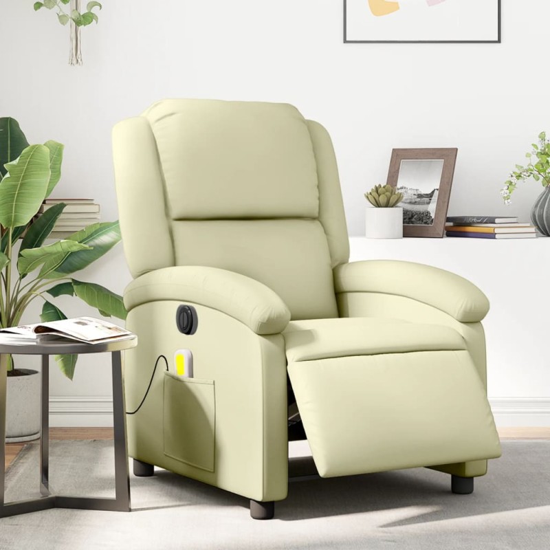 Poltrona massagens reclinável elétrica couro genuíno creme-Poltronas-Home Retail