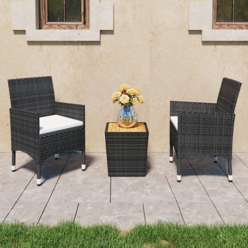 3 pcs conjunto de bistrô vime PE e madeira de acácia preto-Conjuntos de jardim-Home Retail