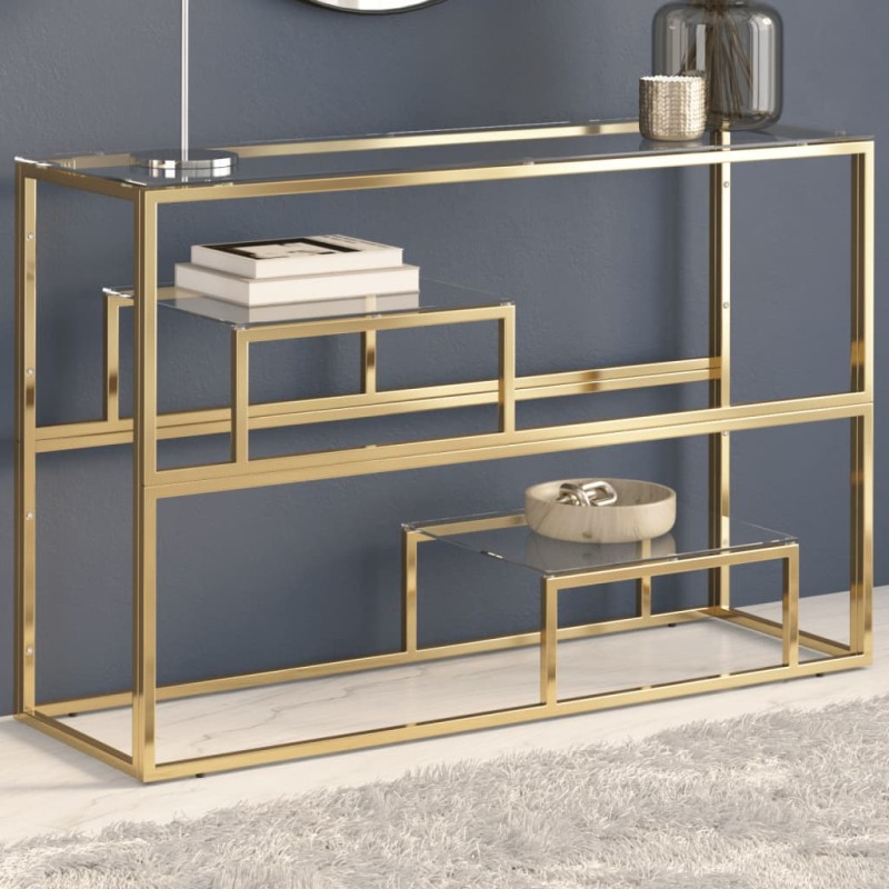 Mesa consola aço inoxidável e vidro temperado dourado-Mesas consola-Home Retail