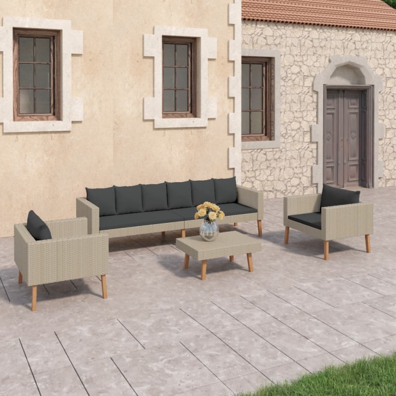 4 pcs conjunto lounge de jardim c/ almofadões vime PE bege-Conjuntos de jardim-Home Retail