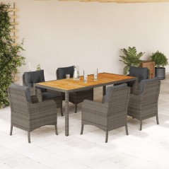 7 pcs conjunto de jantar p/ jardim c/ almofadões vime PE cinza