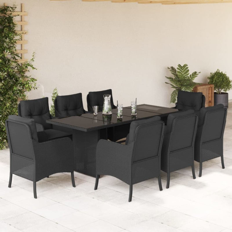 9 pcs conjunto de jantar p/ jardim c/ almofadões vime PE preto-Conjuntos de jardim-Home Retail