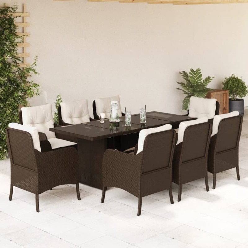 9 pcs conjunto jantar p/ jardim c/ almofadões vime PE castanho-Conjuntos de jardim-Home Retail