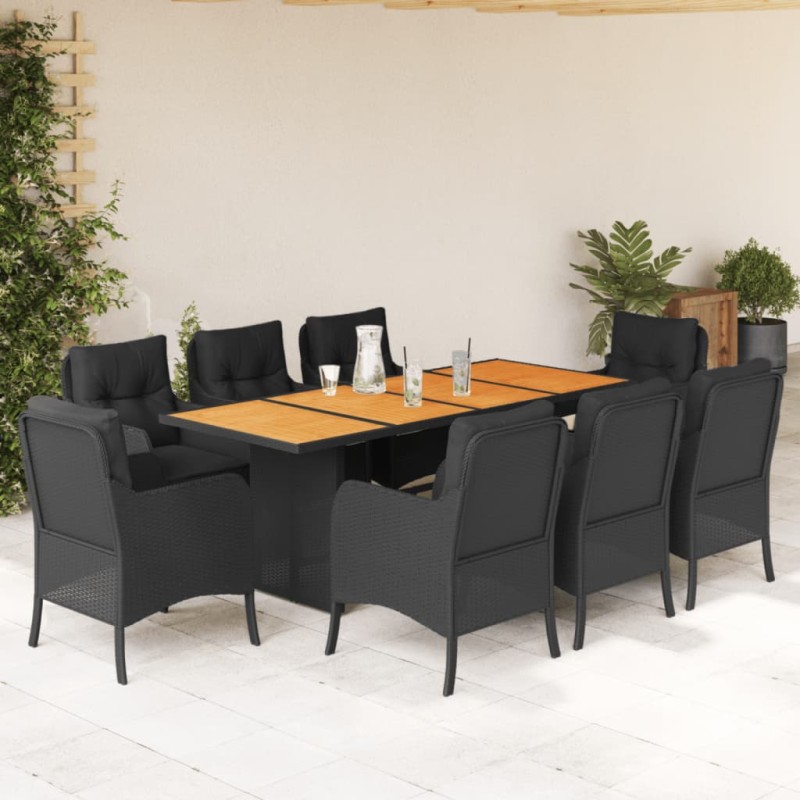 9 pcs conjunto de jantar p/ jardim c/ almofadões vime PE preto-Conjuntos de jardim-Home Retail