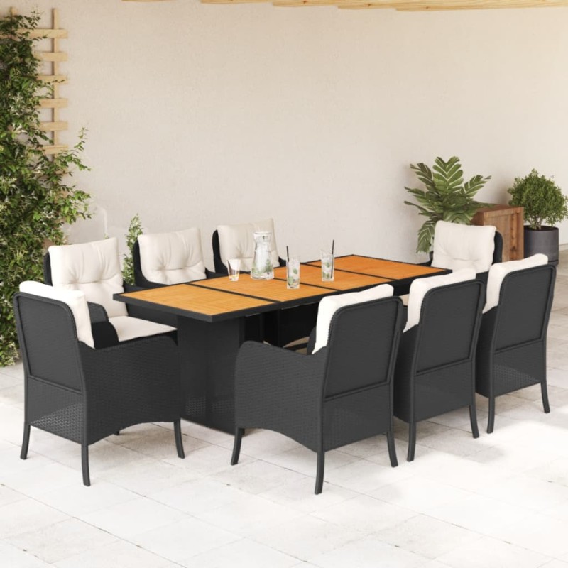 9 pcs conjunto de jantar p/ jardim c/ almofadões vime PE preto-Conjuntos de jardim-Home Retail