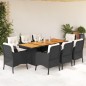 9 pcs conjunto de jantar p/ jardim c/ almofadões vime PE preto