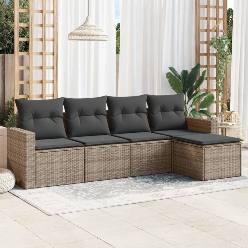 5 pcs conjunto sofás de jardim c/ almofadões vime PE cinzento-Conjuntos de jardim-Home Retail