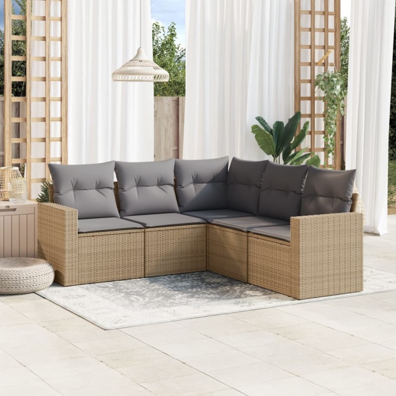 5 pcs conjunto de sofás p/ jardim com almofadões vime PE bege-Conjuntos de jardim-Home Retail