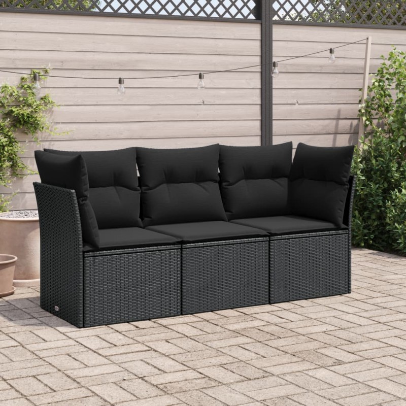 3 pcs conjunto sofás de jardim com almofadões vime PE preto-Conjuntos de jardim-Home Retail