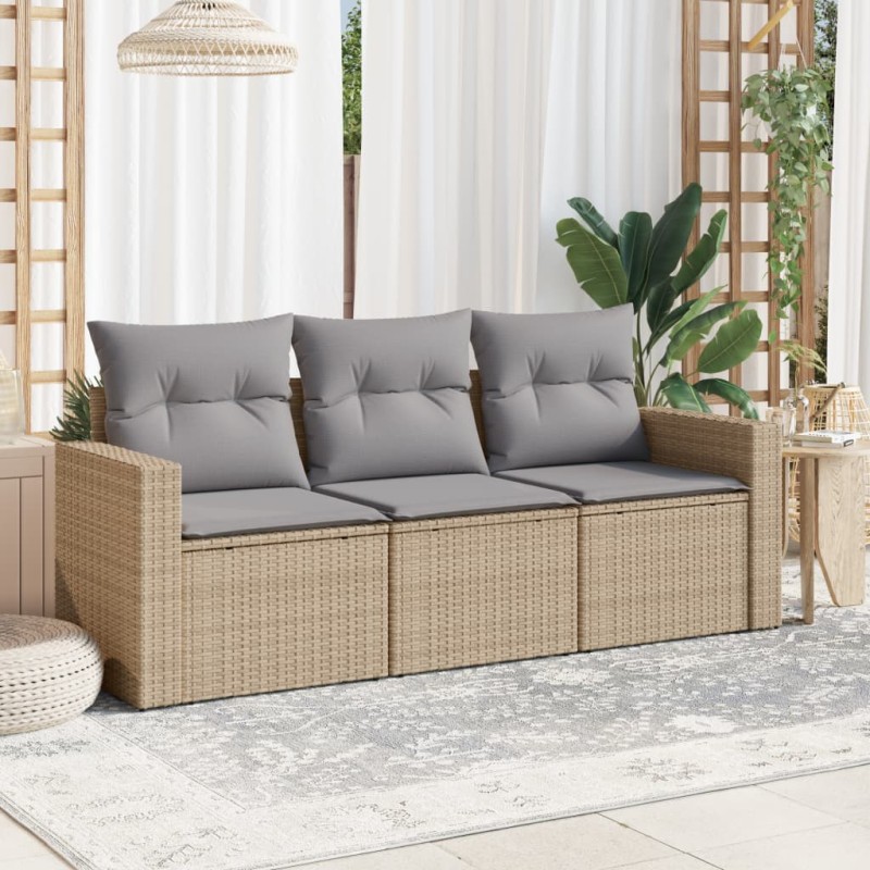 3 pcs conjunto de sofás p/ jardim com almofadões vime PE bege-Unidades de sofá com módulos externos-Home Retail