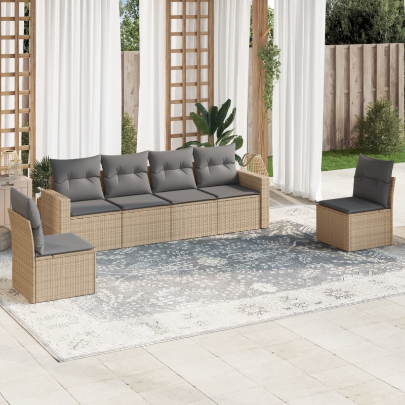 6 pcs conjunto de sofás p/ jardim com almofadões vime PE bege-Unidades de sofá com módulos externos-Home Retail