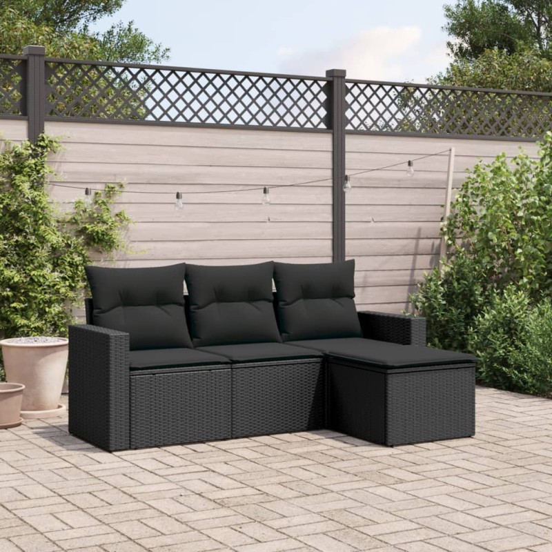 4 pcs conjunto de sofás para jardim c/ almofadões vime PE preto-Unidades de sofá com módulos externos-Home Retail