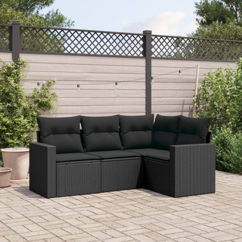 4 pcs conjunto de sofás para jardim c/ almofadões vime PE preto-Unidades de sofá com módulos externos-Home Retail