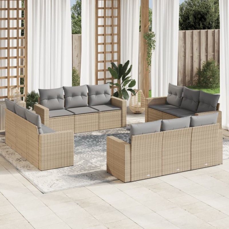 12 pcs conjunto de sofás p/ jardim com almofadões vime PE bege-Unidades de sofá com módulos externos-Home Retail