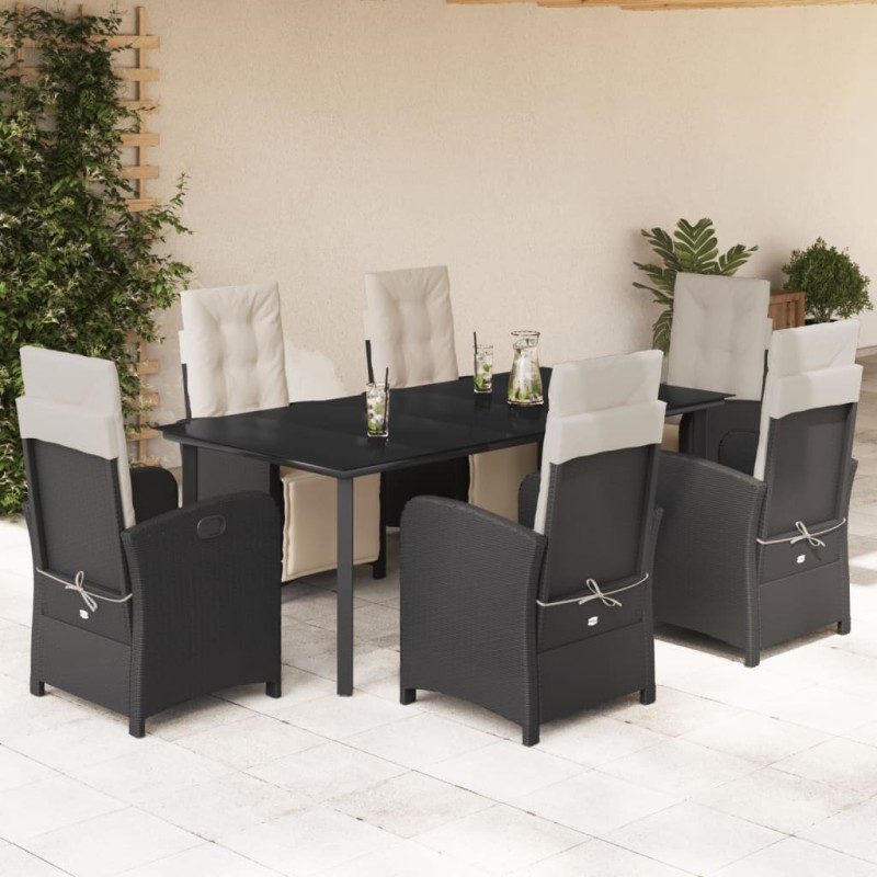 7 pcs conjunto de jantar p/ jardim c/ almofadões vime PE preto-Conjuntos de jardim-Home Retail