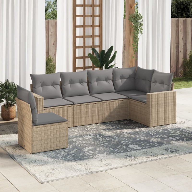 6 pcs conjunto de sofás p/ jardim com almofadões vime PE bege-Conjuntos de jardim-Home Retail