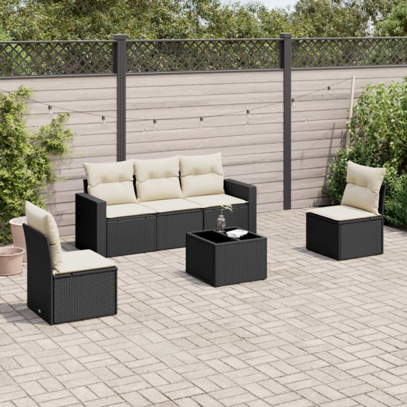 6 pcs conjunto sofás de jardim c/ almofadões vime PE preto-Unidades de sofá com módulos externos-Home Retail