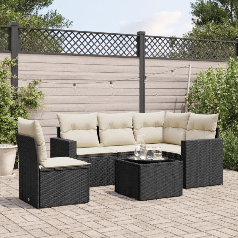 6 pcs conjunto sofás de jardim c/ almofadões vime PE preto-Unidades de sofá com módulos externos-Home Retail