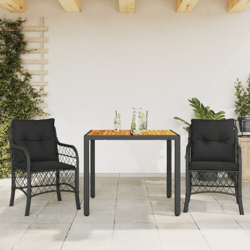 3 pcs conjunto de bistrô com almofadões vime PE preto-Conjuntos de jardim-Home Retail