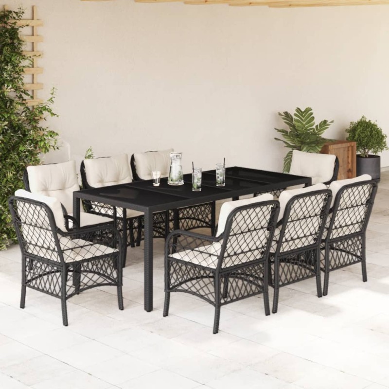 9 pcs conjunto de jantar p/ jardim c/ almofadões vime PE preto-Conjuntos de jardim-Home Retail