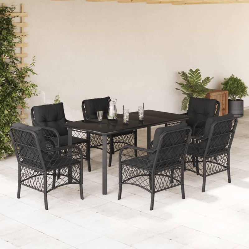 7 pcs conjunto de jantar p/ jardim c/ almofadões vime PE preto-Conjuntos de jardim-Home Retail