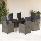 7 pcs conjunto de jantar p/ jardim c/ almofadões vime PE cinza