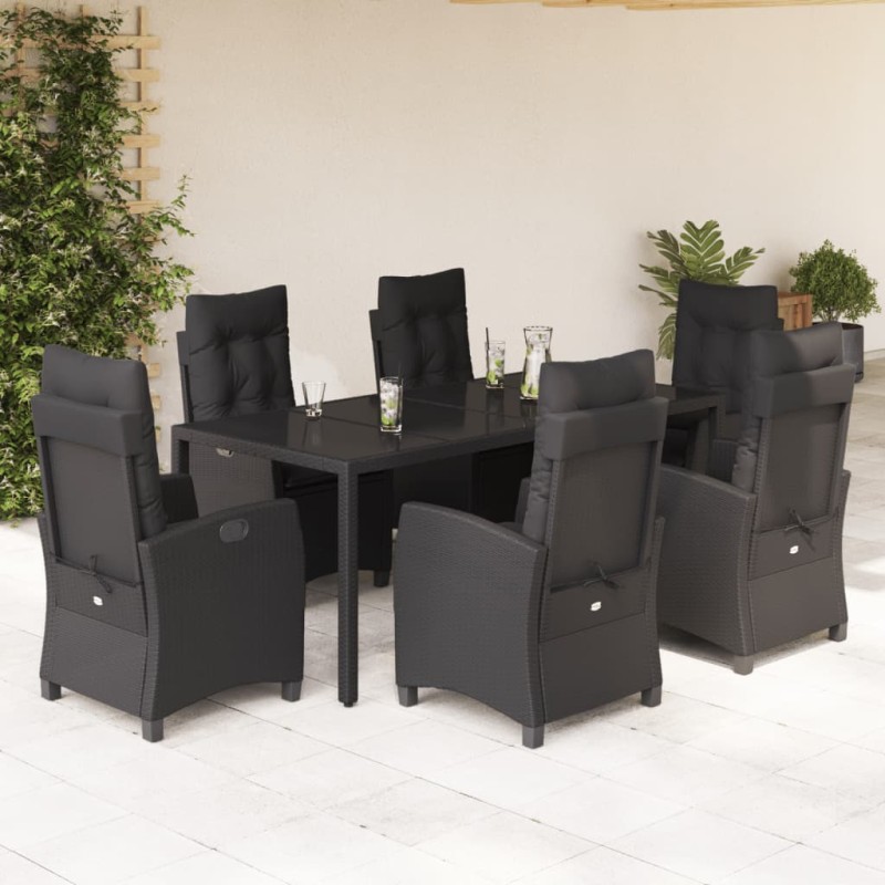 7 pcs conjunto de jantar p/ jardim c/ almofadões vime PE preto-Conjuntos de jardim-Home Retail