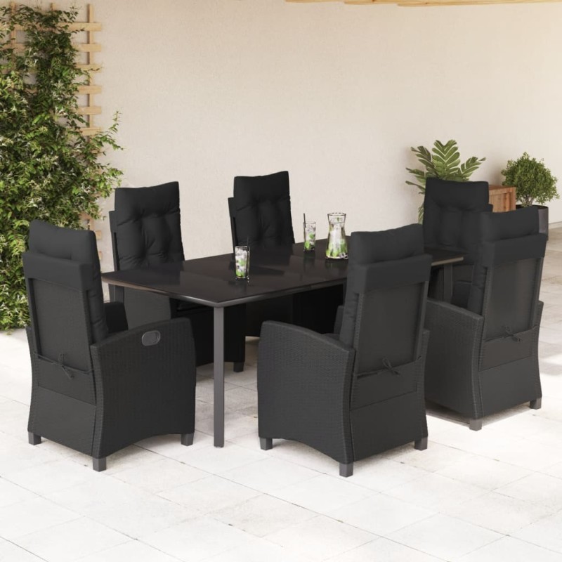 7 pcs conjunto de jantar p/ jardim c/ almofadões vime PE preto-Conjuntos de jardim-Home Retail