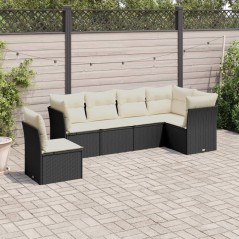 6 pcs conjunto sofás de jardim c/ almofadões vime PE preto