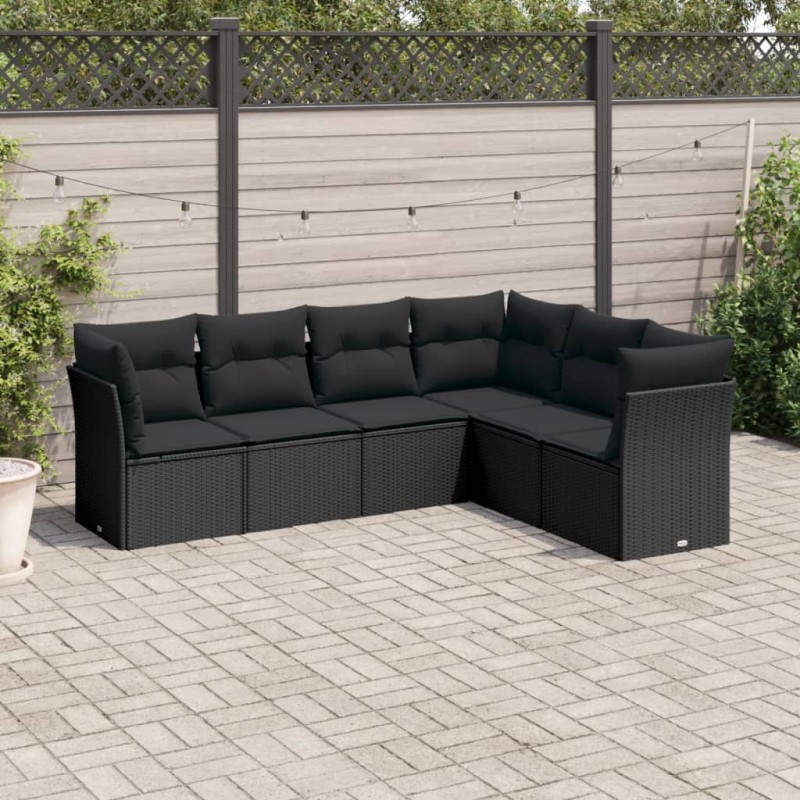 6 pcs conjunto sofás de jardim c/ almofadões vime PE preto-Conjuntos de jardim-Home Retail