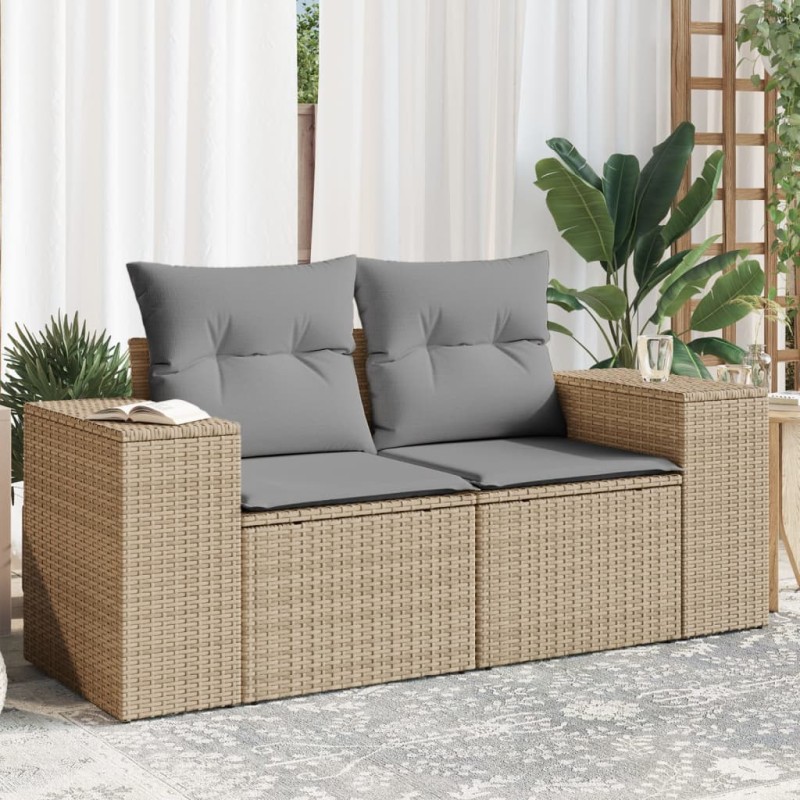 Sofá de jardim de 2 lugares com almofadões vime PE bege-Sofás para exterior-Home Retail