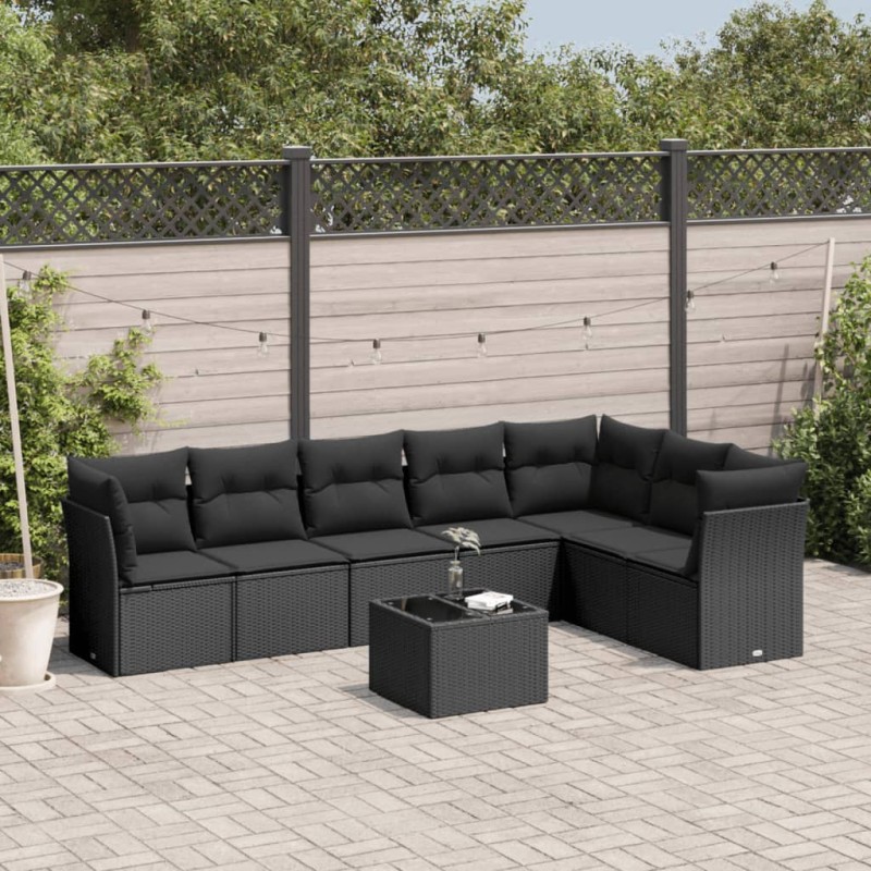 8 pcs conjunto sofás de jardim com almofadões vime PE preto-Conjuntos de jardim-Home Retail