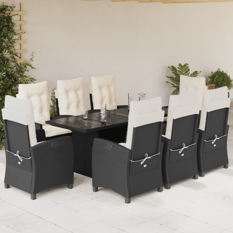 9 pcs conjunto de jantar p/ jardim c/ almofadões vime PE preto-Conjuntos de jardim-Home Retail