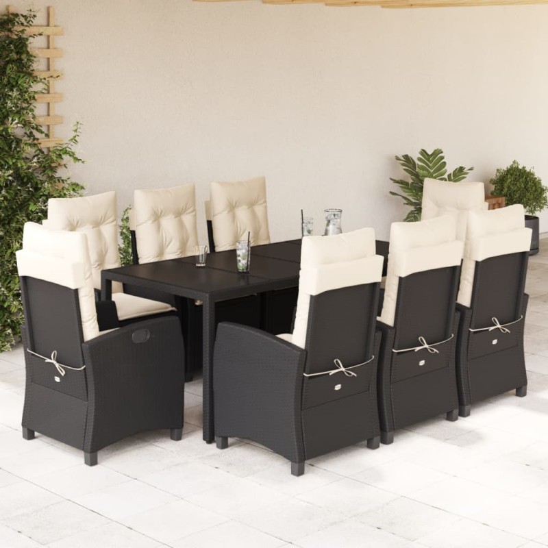 9 pcs conjunto de jantar p/ jardim c/ almofadões vime PE preto-Conjuntos de jardim-Home Retail